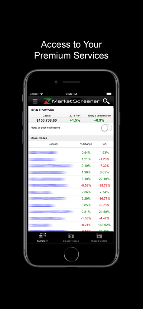 MarketScreener - Interfaccia dell'app MarketScreener che mostra un portafoglio di azioni USA con dati di performance e operazioni aperte.