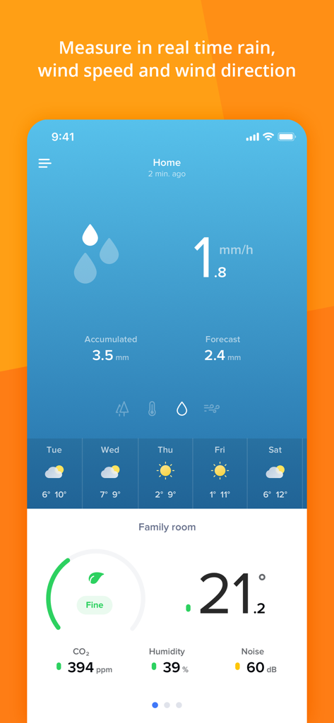 Tableau de bord de l'application Netatmo Weather affichant les mesures de précipitations en temps réel et des données sur la qualité de l'air intérieur, notamment les niveaux de CO2 et d'humidité.