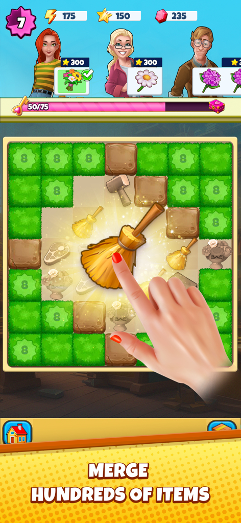 Merge Away! - Puzzle Adventure - A hand merging broom items on a grid board in Merge Away puzzle adventure game