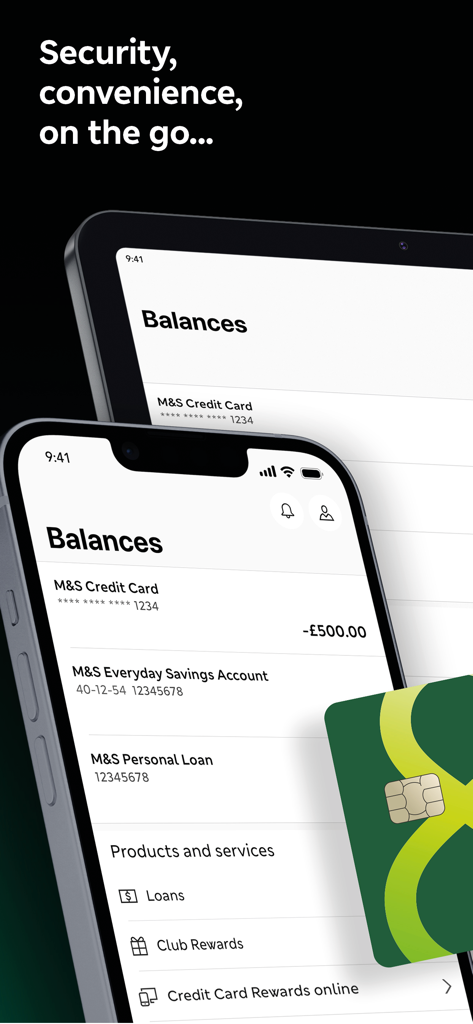 Marks and Spencer banking app interface showing account balances for credit card and savings