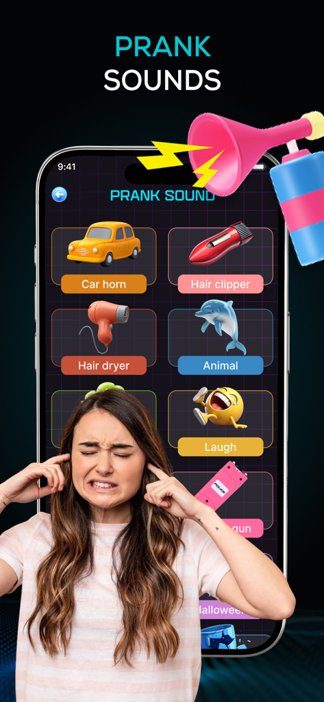 Interfaz de la aplicación Detector de Mentiras mostrando varios efectos de sonido de broma, incluyendo un bocinazo y una cortadora de pelo