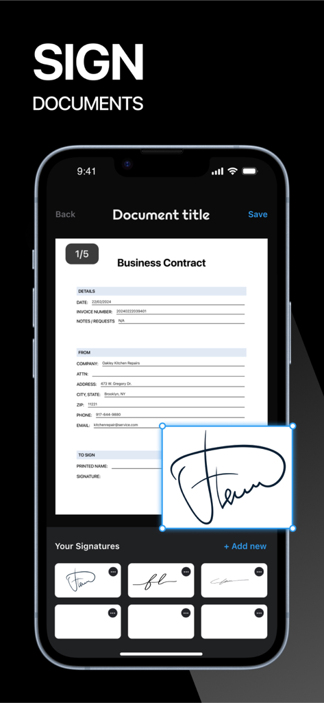 Digital signature feature in the ScanNow app showing an e-signature on a business contract