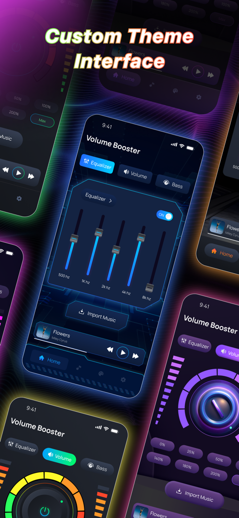 Volume Booster Bass Equalizer - Molteplici interfacce di temi personalizzati al neon futuristici per l'app Volume Booster e Bass Equalizer