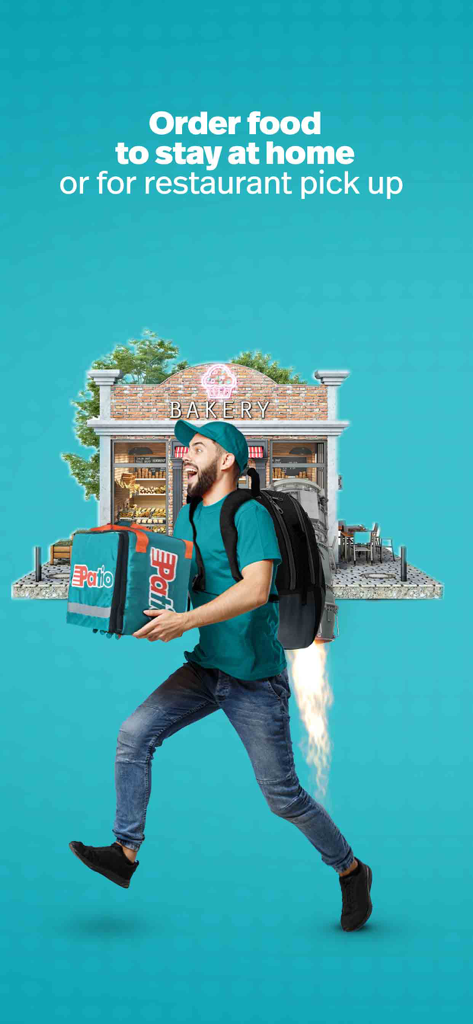 Patio delivery - Un repartidor con un jetpack llevando una bolsa de comida de Patio