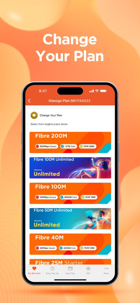 Dhiraagu mobile app interface showing various fiber internet plan options for selection