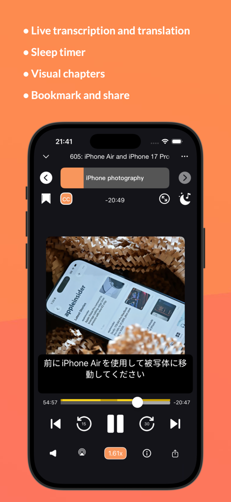Podcast App - PlaydioCast - PlaydioCast app interface showing live transcription translation and visual chapters on an iPhone