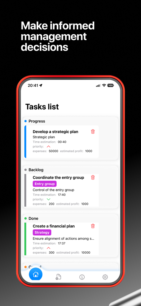 Numetrica - Numetrica app displaying a business task list with budget and profit tracking