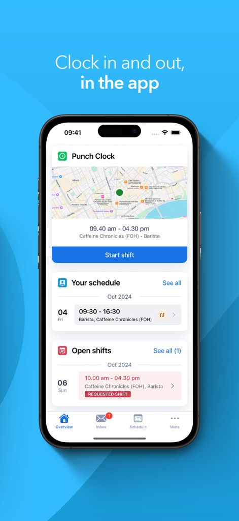 Planday Employee Scheduling - Plandayアプリのモバイルインターフェース。パンチクロック機能、地図の位置、個人の作業スケジュールを表示します。