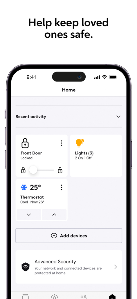 Rogers Xfinity (Shaw) - Rogers Xfinity app home screen showing smart home controls for lights door locks and thermostat management
