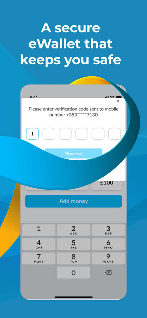 Aplicación móvil MiFinity mostrando la entrada de un código de verificación seguro para transacciones seguras del monedero electrónico
