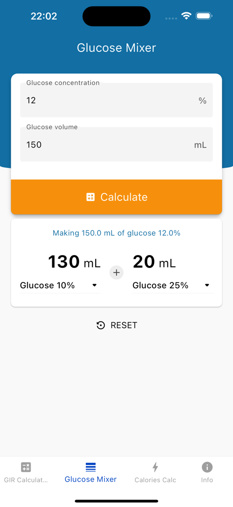 Dextrose Calc - GIR Calculator - Glucose Mixer interface in the Dextrose Calc app showing volumes needed to create a 12 percent glucose solution from 10 percent and 25 percent concentrations.