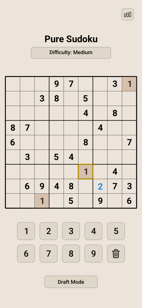 Sudoku – Pure & Ad-Free - Pure Sudoku app interface showing a medium difficulty puzzle grid with a minimalist design