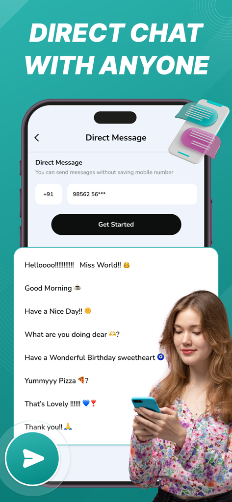 Dual Chat Messenger - GB App - Interface showing direct chat feature to message phone numbers without saving them as contacts