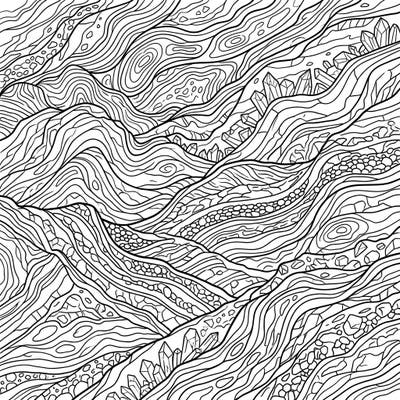 Dive into the stunning complexity of Earth's rock formations with this unique coloring page. Featuring intricate geological strata patterns, it offers a deeply satisfying and meditative creative experience.