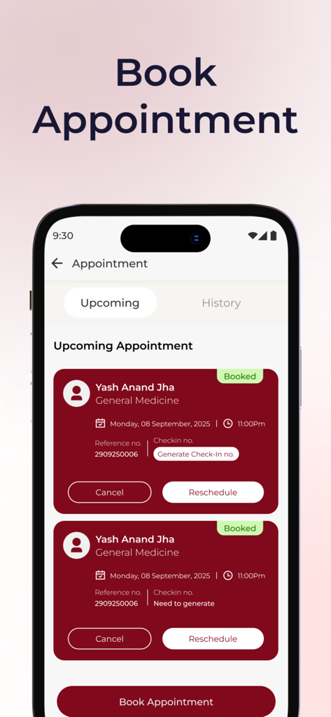 ESIC Health Connect - Interfaz de la aplicación ESIC Health Connect que muestra las próximas citas médicas con opciones para cancelar o reprogramar.