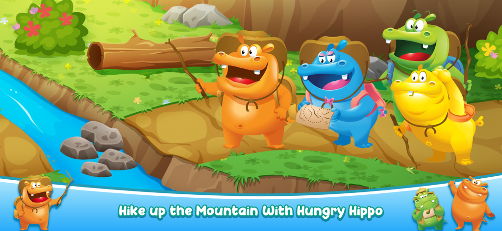 Four colorful hippos in hiking gear going on a mountain adventure near a stream