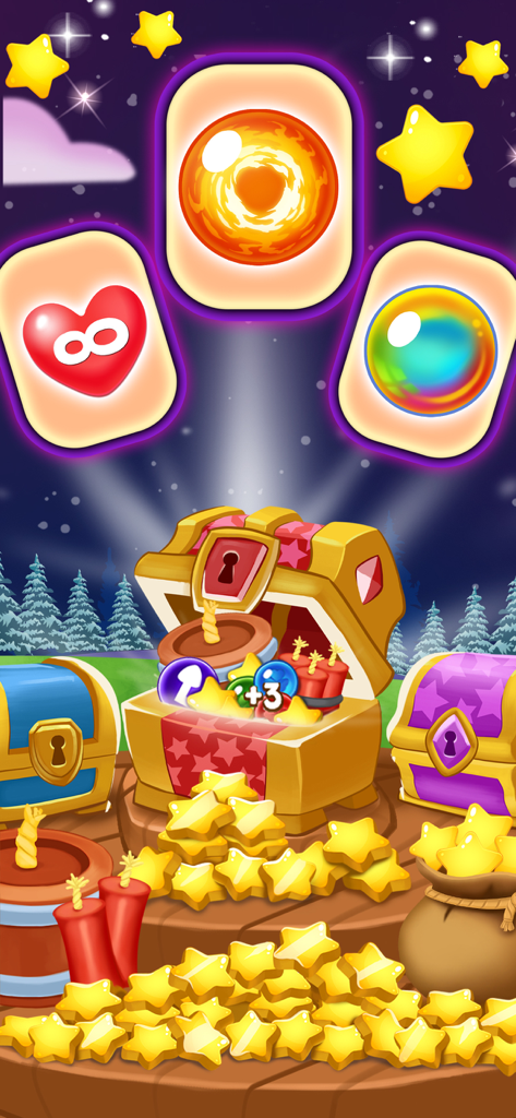 Farm Bubbles Bubble Shooter - A golden treasure chest overflowing with stars and game boosters in Farm Bubbles