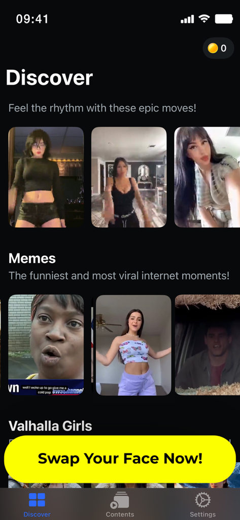 FaceAi: Face Swap Any Video - Interfaz de la aplicación FaceAi que muestra categorías de videos virales para intercambio de rostros y un botón amarillo para iniciar el proceso de intercambio.