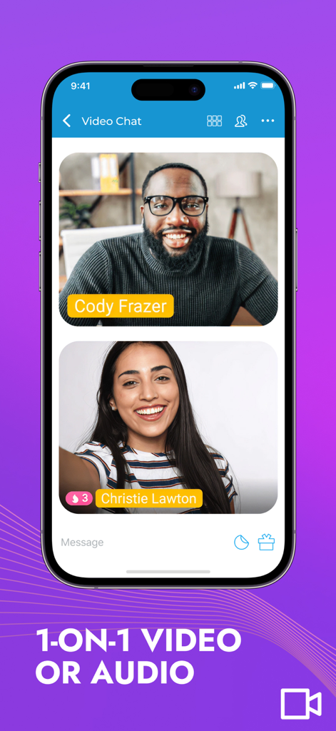 Paltalk: Chat, Meet New People - Paltalkでの男性と女性のプライベート1対1ビデオ通話を示すモバイルアプリの画面。