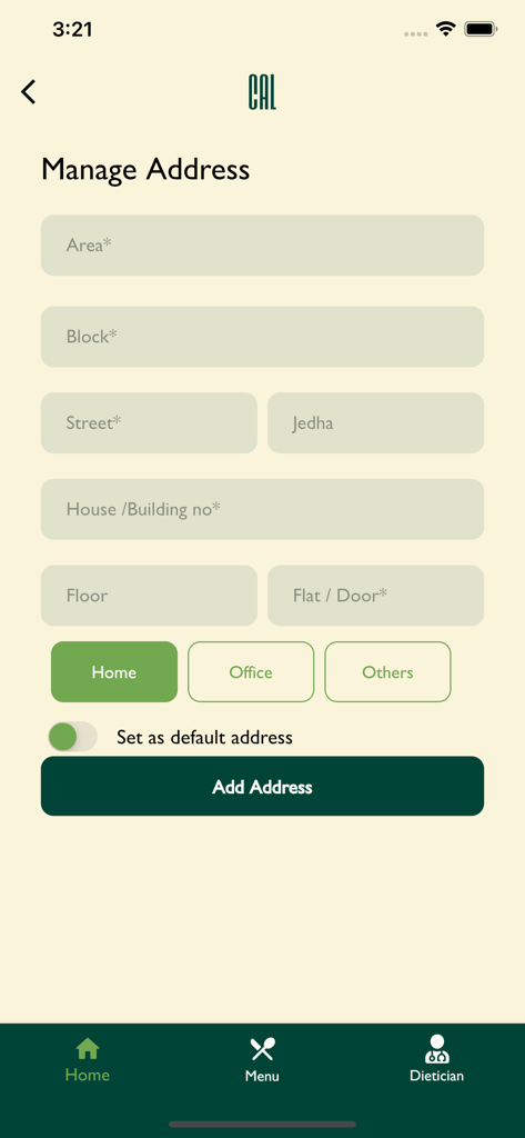 CAL - كال - Pantalla para agregar una dirección de entrega para la aplicación de comida saludable CAL