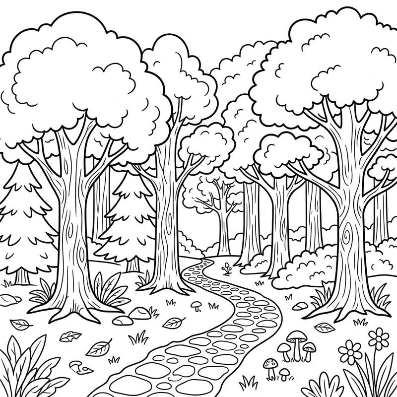 Step into a calming woodland with this beautiful forest path coloring page, thoughtfully designed for seniors. Its clear outlines and natural elements provide a delightful and stress-free coloring experience.