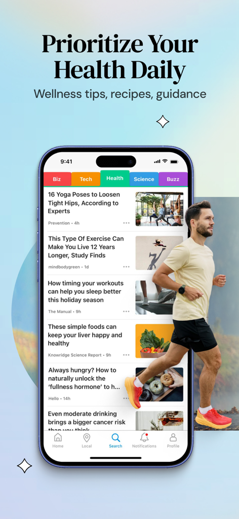 SmartNews 앱 인터페이스에 요가 및 운동 팁을 포함한 일일 건강 뉴스 및 웰빙 기사가 표시되고 있습니다.
