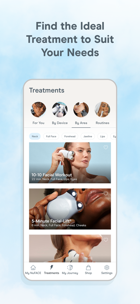 NuFACE app interface showing guided microcurrent facial treatment tutorials