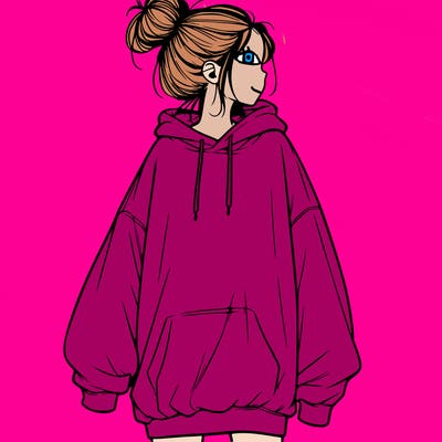 realistic girl with a oversized sweatshirt on and a bun