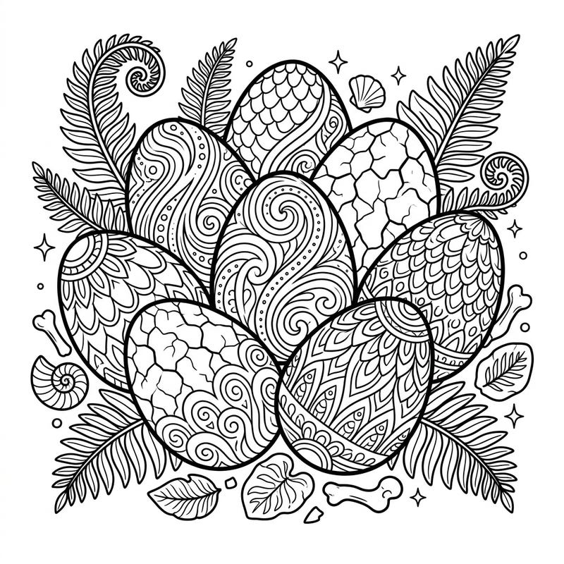 Dive into prehistoric wonder with this intricately designed dinosaur egg coloring page, crafted specifically for adults. Unwind as you bring these ancient patterns and fossil details to life with your favorite colors.