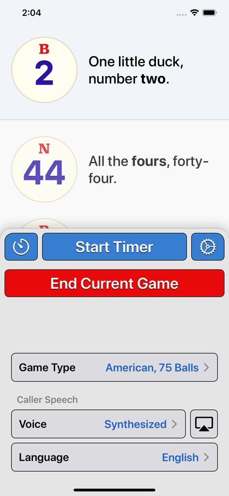 Bingo Machine - Number Caller - Bingo Machine app interface showing called numbers with catchphrases and game controls.