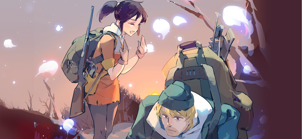 Two characters with backpacks standing in a snowy landscape with glowing spirits in the game OPUS Rocket of Whispers