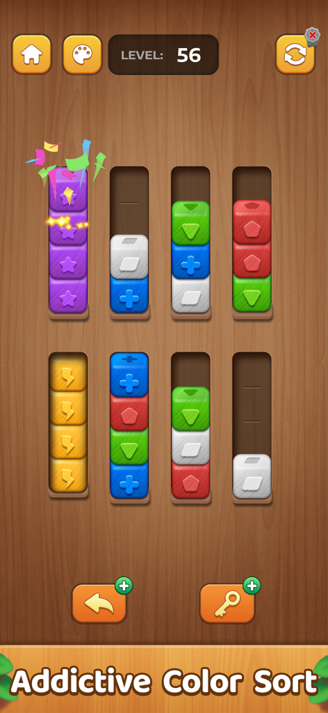 Block Sort: Color Puzzle Games - Una captura de pantalla de un juego móvil que muestra bloques de colores con símbolos siendo clasificados en contenedores verticales sobre un fondo de madera