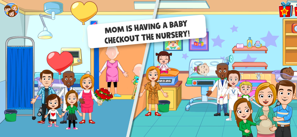 My Town Hospital: Doctor Games - A split screen showing a family in a hospital room and a baby nursery with doctors and newborns in the My Town Hospital game.