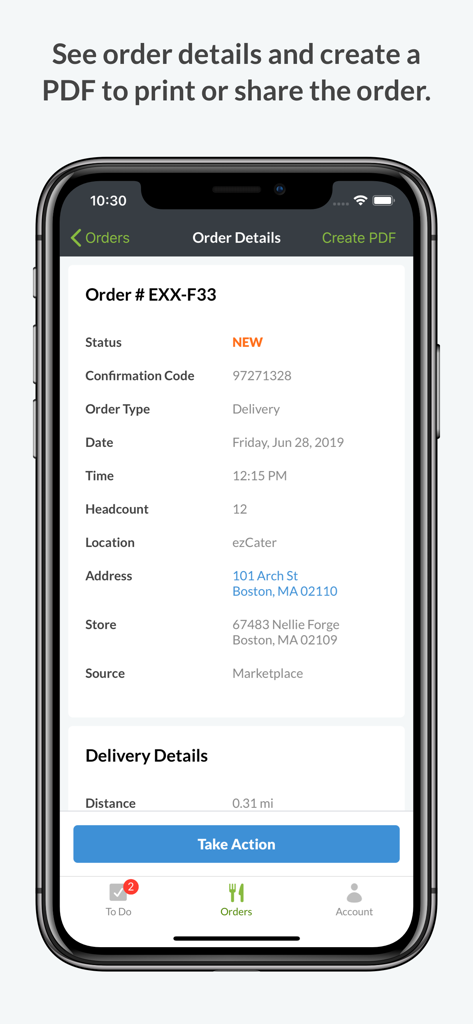 Interface da aplicação ezManage mostrando detalhes de um novo pedido de catering, incluindo endereço de entrega e número de convidados.