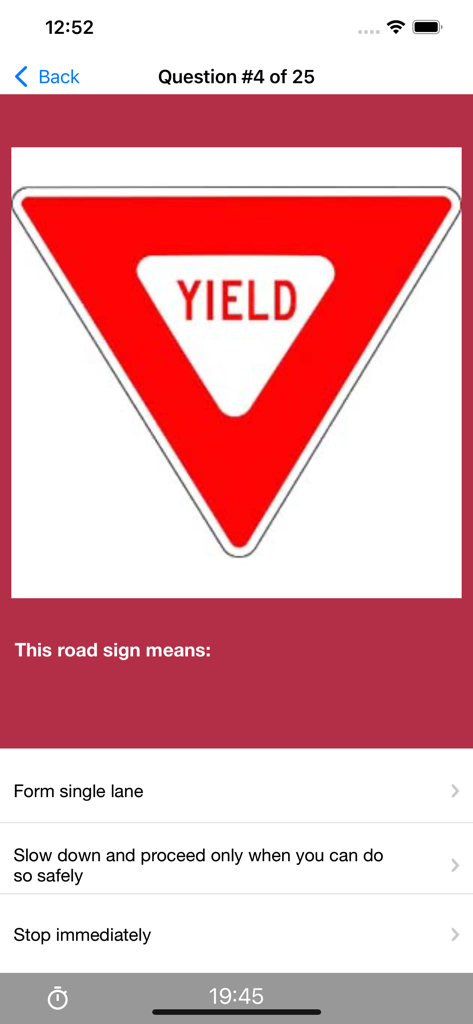 MD Practice Driving Test - Screenshot of the MD Practice Driving Test app showing a multiple choice question about a yield sign