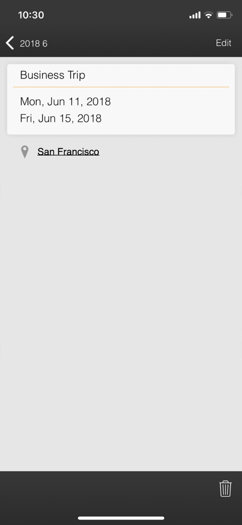 Twincle - A minimalist event detail screen in the Twincle app showing a business trip to San Francisco with specific dates and a clean UI design.