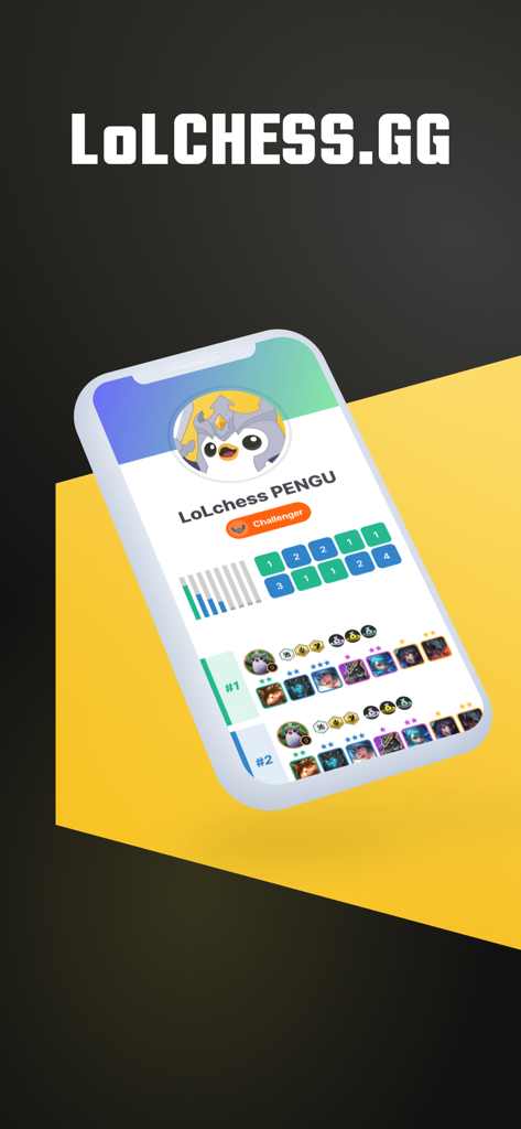 Application mobile TFT Stats LoLCHESS.GG affichant le profil du joueur et les statistiques de rang Challenger