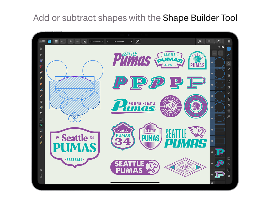 Conception graphique sur iPad utilisant l'outil Shape Builder pour créer des logos Seattle Pumas dans Affinity Designer 2.