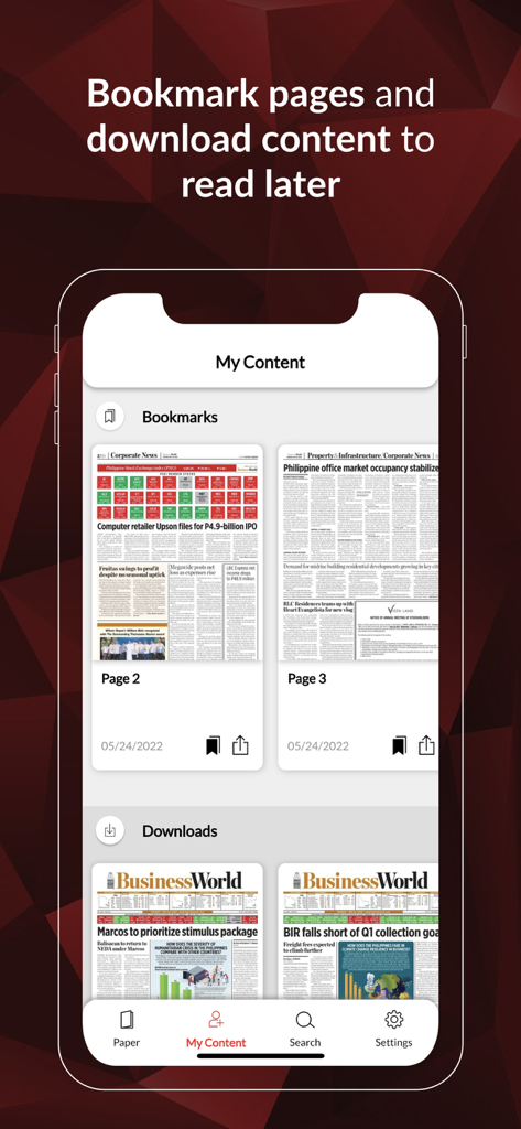BusinessWorld Philippines - BusinessWorld Philippines app interface showing bookmarked and downloaded business news articles.