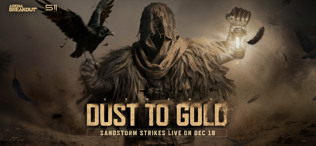 Arena Breakout Season 11 Dust to Gold promotional banner with tactical character and crow