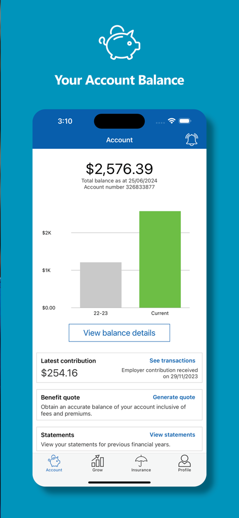 Interfaz de la app móvil NESS Super que muestra la pantalla de saldo de la cuenta con un gráfico de barras que muestra el crecimiento del saldo y los últimos detalles de contribución.