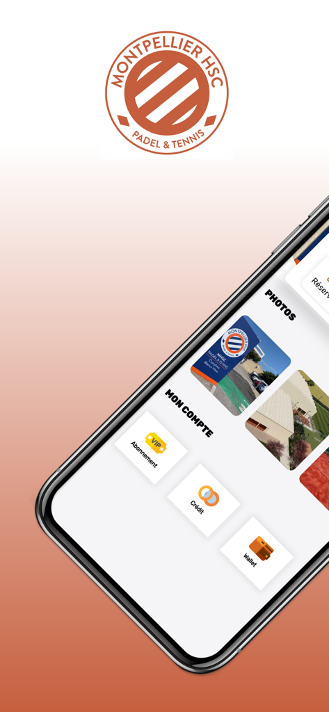 MHSC PADEL & TENNIS - MHSC Padel and Tennis mobile app showing user account management and club photos