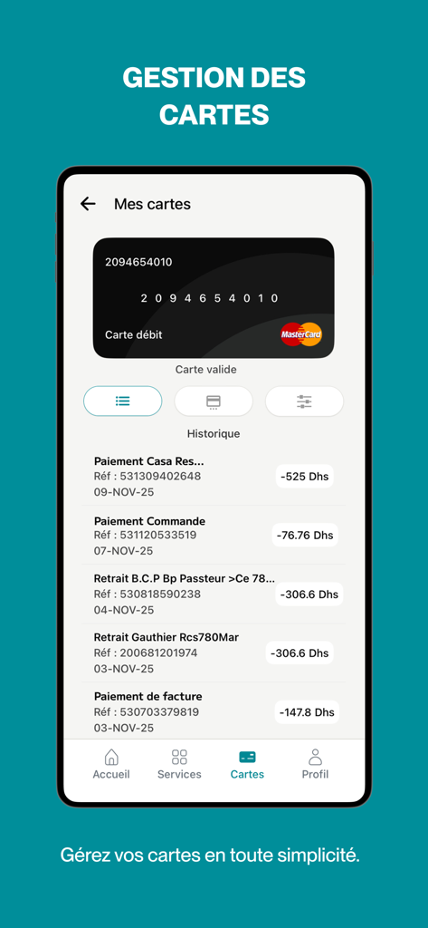 Gestion de carte et écran d'historique des transactions dans l'application CASH PLUS Mobile Wallet.