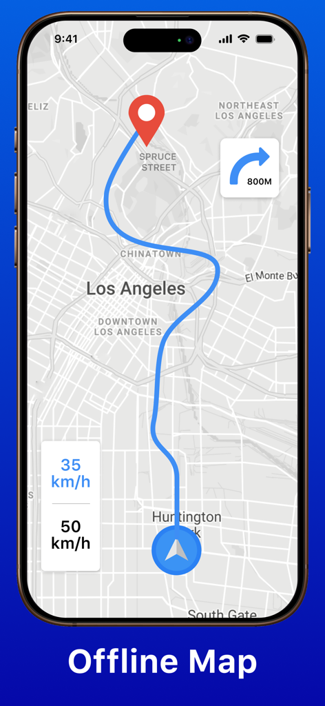 Radar Map, Radar Detector, HUD - Pantalla de mapa sin conexión que muestra una ruta de navegación en Los Ángeles con alertas de límite de velocidad