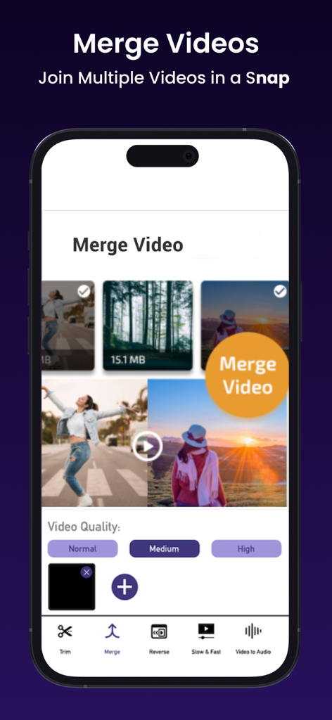 Ai Photo Retouch -Video Editor - Interfaccia di un'app mobile che mostra la funzione di unione video con più clip video e impostazioni di qualità