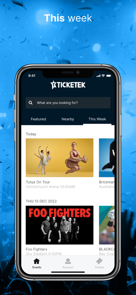 Ticketek NZ mobile app interface showing upcoming events like concerts and theatre performances