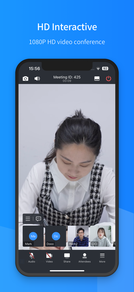 聚连会议 - JuLinker-Mobil-App zeigt eine aktive HD-Videokonferenz mit mehreren Teilnehmern