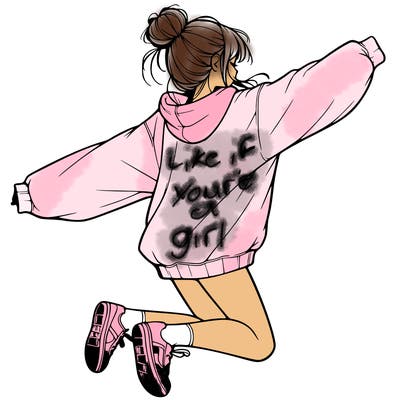 realistic girl jumping with a bun and oversized sweatshirt