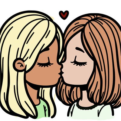 two girls kissing, one with long hair and one with short hair