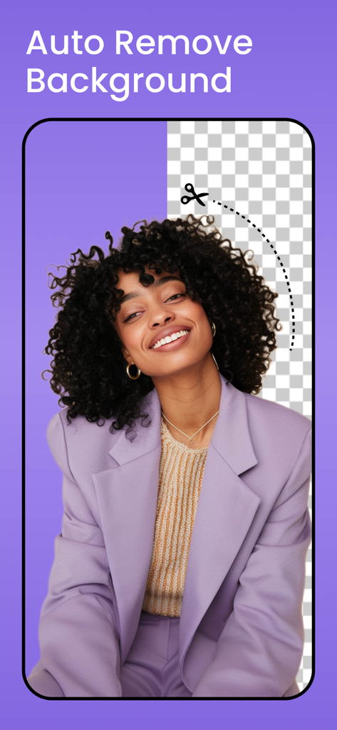 Screenshot demonstrating the auto remove background feature with a portrait of a smiling woman